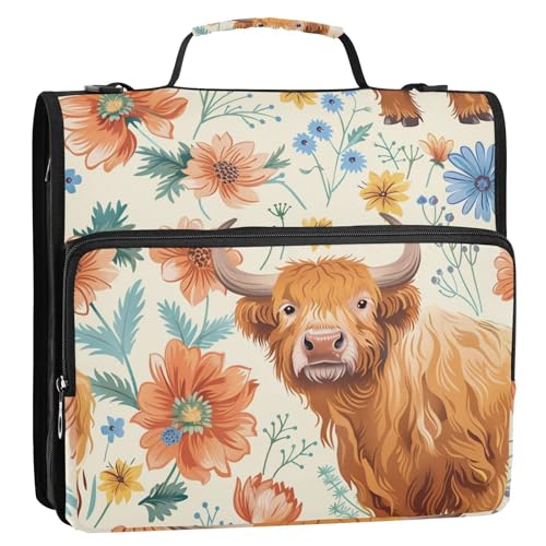 ALAZA Cow and Flowers Zipper Binder 1.5 inch 3 Ring Binder Organizer with Shoulder Strap and Handle for Home Office Work
