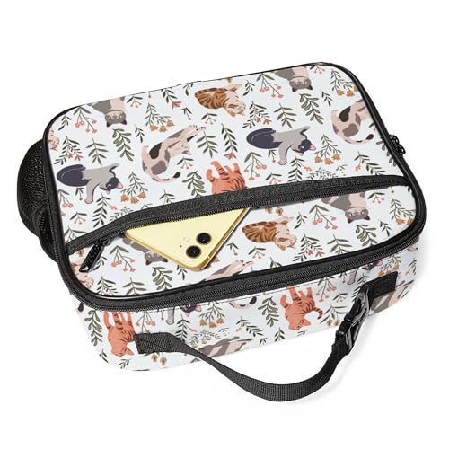 WOBAGMEN Large Lunch Box, Insulated Reusable Lunch Bag with Water Bottle Holder Portable Waterproof Leakproof Lunch Tote Bag Cute Lunch Box(Cream Cat Floral) - color: Cream Cat Floral