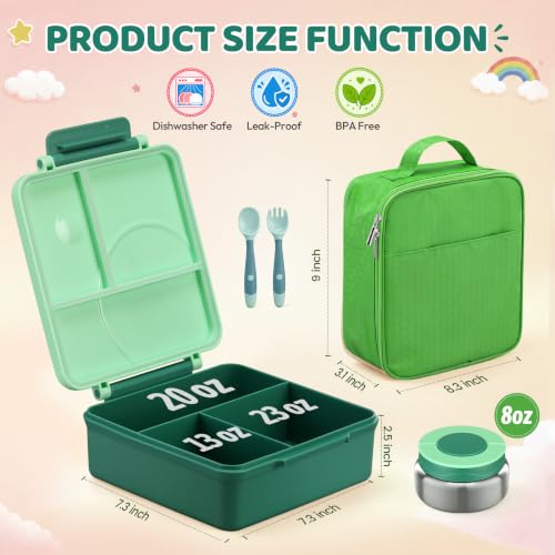 Itslife Bento Lunch Box for Kids with 8oz Soup Thermo&Lunch Bag, Leak-Proof Lunch Food Containers with 4 Compartment, Hot Food Insulated Food Jar for Kids School (Green) - color: Green