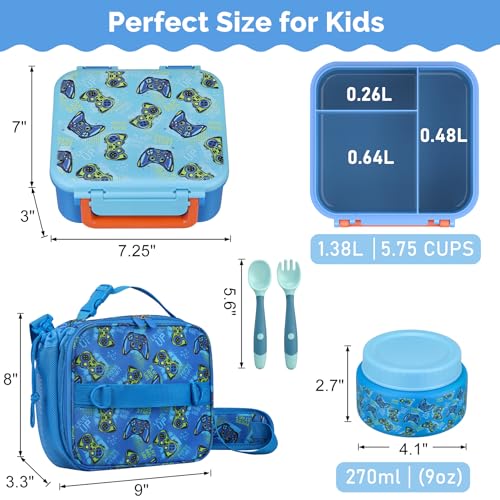Kids Lunch Box Set with Bento Box, 9oz Stainless Steel Thermo & Insulated Lunch Bag – Hot & Cold Leakproof Lunch Container with Utensils for School & Travel, Blue Set - color: Blue