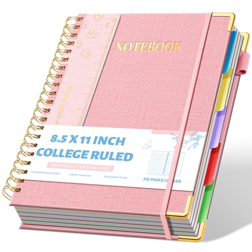 Aeshetic Hardcover Spiral Notebooks for Work with Removable Dividers & Tabs 8.5" X 11" Note Taking 5 Subject Notebook College Ruled A4 Linen Spiral Notebook for School Cute Journals for Women Writing - color: Dark Pink, size: 8.5"x11"