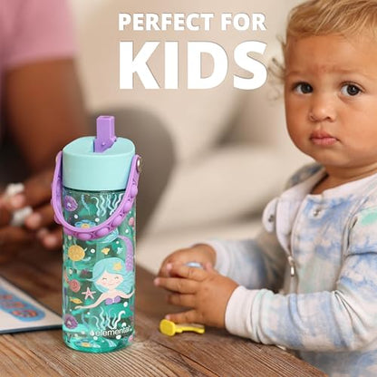 Elemental Leak Proof Water Bottles for Kids - Splash Kids Water Bottle for School with Pop-it Handle - Tritan Plastic Water Bottle with Straw - Mermaid & Rose - 18oz (2 Pack) - color: Duo - Mermaid / Rose (Sugar Plum)