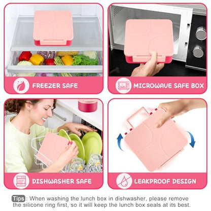 MAXSO Bento Lunch Box Set for Kids with 8 oz Soup Thermo, Leakproof Hot Food Container with 4 Compartments, Insulated Food Jar for Toddler Daycare Boys Girls School - Pink - color: Pink