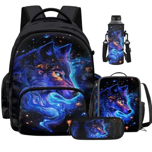 Galaxy Wolf Backpack for Boys Girls Backpack with Lunch Box Water Bottle Pouch and Soft Pencil Case 4PCS Set Cute Bookbag with Front Pocket 17" Large School Bag for Graduation Season Gift - color: Cool Galaxy Wolf