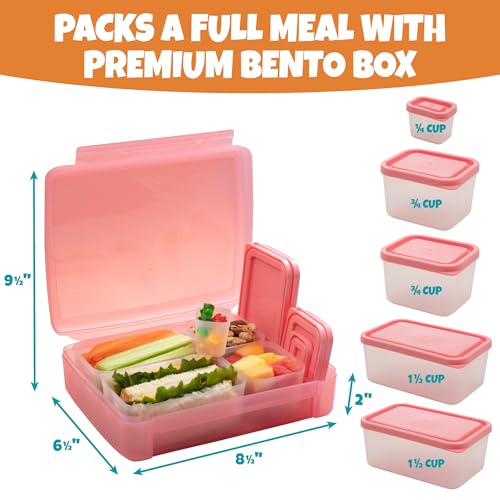 Bentology Bento Lunch Box Set w 5 Leakproof Made-to-Size Snack Containers & Built-In Utensil Holder- Meal Prep Made Easy w Reusable, Kid's Back to School or Office- Durable, BPA Free, Dishwasher Safe - color: Pink