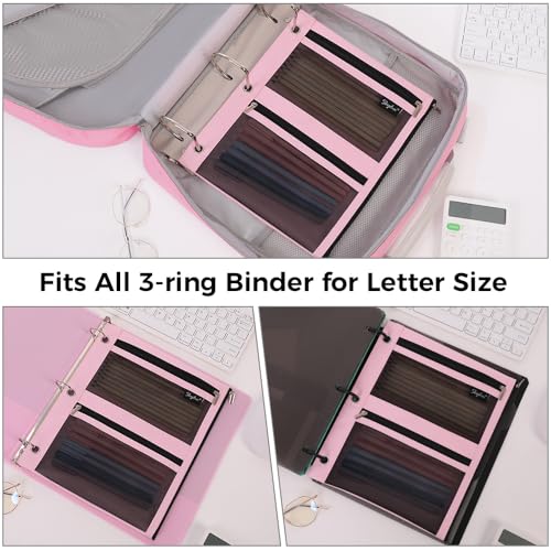 SKYDUE Pencil Pouch for Binder, Pencil Case, 3 Ring Binder Pencil Pouch with 3 Pockets and Mesh Window, Zipper Pencil Pouch, Durable Organizer for School Supplies, Cables, Earbuds, Makeup, Pink - color: Pink
