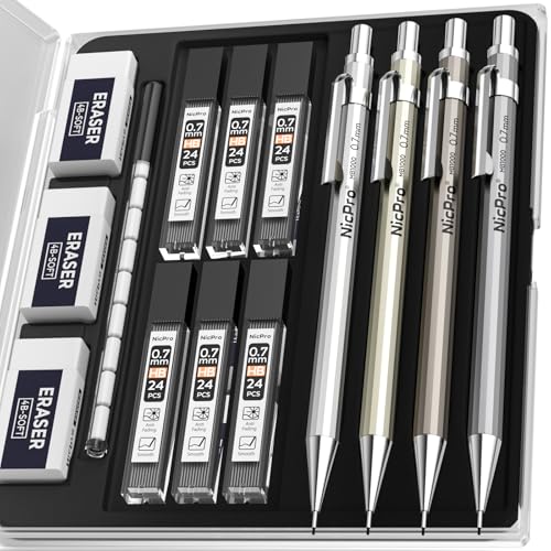 Nicpro 4 Pack Mechanical Pencil 0.7mm with Case, MB1000 Metal Mechanical Pencil Set with 6 Tube HB #2 Lead Refill 0.7 mm, 3PCS 4B Eraser, 9 Cap Eraser for Artist Drafting Writing, Sketching, Drawing - style: 4 Pack （0.7mm）