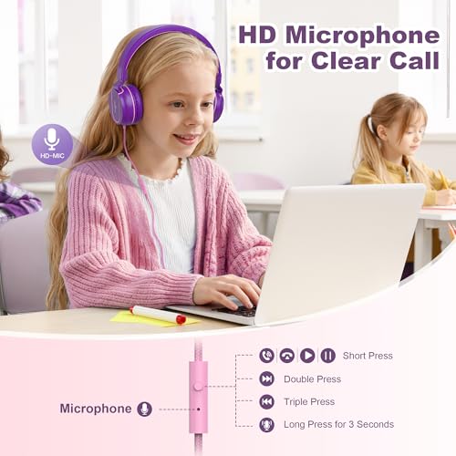 Kids Headphones, Wired Headphones for Kids On Ear with Microphone, 93dB Volume Limiter Headphone for Girls Boys, Foldable Lightweight Headphone for School Learning & Entertainment, Pink Purple - color: Pink Purple