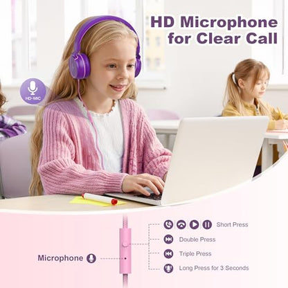 Kids Headphones, Wired Headphones for Kids On Ear with Microphone, 93dB Volume Limiter Headphone for Girls Boys, Foldable Lightweight Headphone for School Learning & Entertainment, Pink Purple - color: Pink Purple