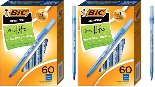 BIC Round Stic Xtra Life Ballpoint Pen with 1.0 mm Medium Point and Consistent Ink Flow in Blue Ink, 60 Count (Pack of 2) - color: Blue, size: 60 Count (Pack of 2)