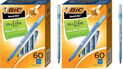 BIC Round Stic Xtra Life Ballpoint Pen with 1.0 mm Medium Point and Consistent Ink Flow in Blue Ink, 60 Count (Pack of 2) - color: Blue, size: 60 Count (Pack of 2)