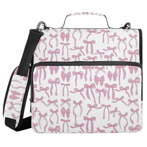 Gredecor 3 Ring Zipper Binder with Shoulder Strap, Aesthetic Pink Ribbon Bows Multi-Pockets Organizer Binder Bag Holds 500 Sheets for School and Office - color: Aesthetic Pink Ribbon Bows