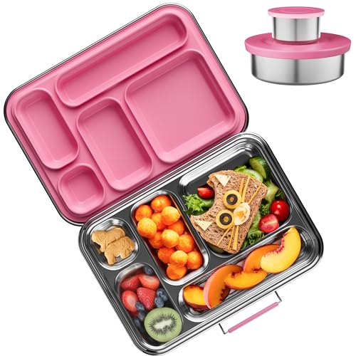 AOHEA Stainless Steel Bento Box Kids, Kids Metal Bento Lunch Box BPA Free Lunch Box Containers 304 Stainless Steel Bento Box for School and Office(Pink) - color: Pink-05