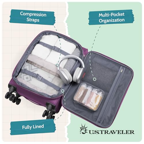 U.S. Traveler Rio Lightweight Softside Rolling Carry-on Suitcase, 4-Wheel Set, Black - color: Black, size: 22"/14"