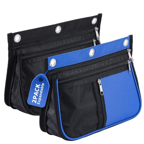 Sooez Pencil Pouch for 3 Ring Binder，Expandable Zipper Pencil Pouch, Fabric Pencil Pouches Binder Pockets, Large Capacity BinderPouch, Pencil Case, 3 Ring(Blue/Black) - color: Black & Blue