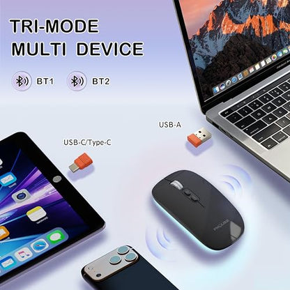 FMOUSE Slim Wireless Mouse, Tri-Mode 2.4G & Bluetooth, Rechargeable – Black | USB-A & USB-C Receiver | Silent Click | One-Key Desktop | Works with Mac, iPad & Laptops | Long-Life Battery | Portable - color: Black