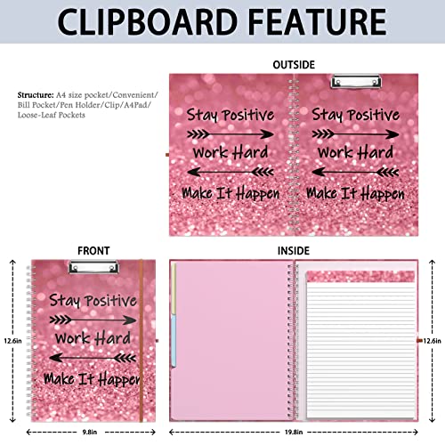 Rimilak Spiral Clipboard Folio with Refillable Lined Notepad, 14.5 x 9.8 In, Hardcover Cover with 5 Interior Pockets, Elastic Band and Pen Loop Series. Cute Stylish Clipfolio, Work Hard - color: Work Hard