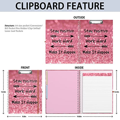 Rimilak Spiral Clipboard Folio with Refillable Lined Notepad, 14.5 x 9.8 In, Hardcover Cover with 5 Interior Pockets, Elastic Band and Pen Loop Series. Cute Stylish Clipfolio, Work Hard - color: Work Hard