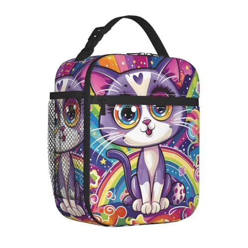 Cute Cat Lunch Box for Kids Aldults, Colorful Cartoon Reusable Thermal Insulation Cooler Tote Bags, Rainbow Star Big Eye Kitten Insulated Bag for Student, School Picnic Camping Travel, Gifts - color: Cat01
