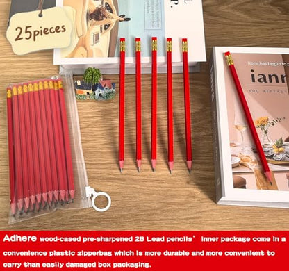 Adhere 25pcs Woodcase Pencils with Eraser Premium Pre-Sharpened Hexagon Graphite 2B pencils ideal for home, office writing including a Free Sharpener - color: Red・25pcs