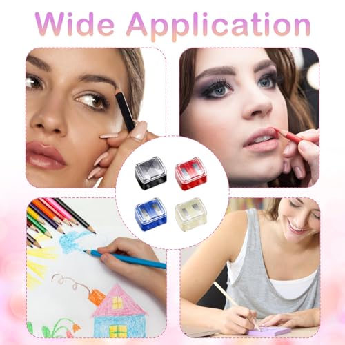 Makeup Pencil Sharpener, 4 Pack Dual Hole Cosmetic Pencil Sharpener for Lip Liner Eyeliner and Brow Pencils, Cosmetic Manual Tools for Women and Makeup Artists,Stainless Steel Blades and Plastic Cover - color: ‎black, Red, White, Blue