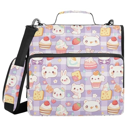 Kawaii Cartoon Zipper Binder 3 Ring Binder 1.5 Inch with Zippers Shoulder Strap & Handle Binders Organizer Bag - color: Blue Plaid