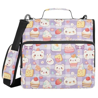 Kawaii Cartoon Zipper Binder 3 Ring Binder 1.5 Inch with Zippers Shoulder Strap & Handle Binders Organizer Bag - color: Blue Plaid
