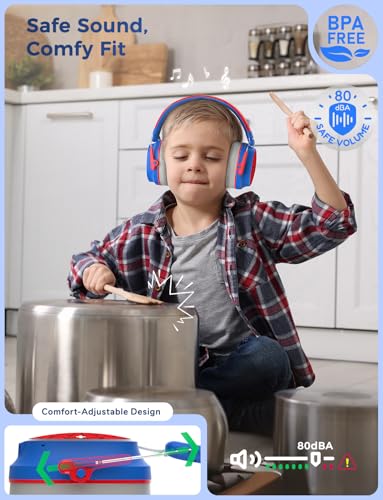 iClever Noise Cancelling Headphones for Kids Adults, Bluetooth Ear Protection with 60H Play Time, Safe Volume 80dBA, Noise Reduction Headphones for Autism Fireworks/Monster Truck, FOCUS - color: Red & Blue