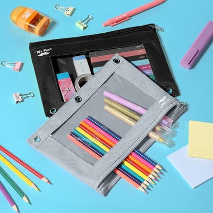 Mr. Pen- Pencil Pouch for 3 Ring Binder, 2 Pack, 10"x6.75", Smooth Zipper | Clear Window, Large Capacity Pencil Case with 3 Reinforced Grommets for School, Office, Supplies Storage | Clear Window, Large Capacity Pencil Case with 3 Reinforced Grommets for