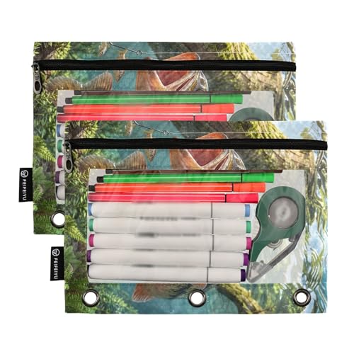 Largemouth Bass Fish Pencil Pouches for 3 Ring Binder, Zipper Binder Pencil Case, 2 Pack Clear Window Case Bag for Office Organizers - color: Largemouth Bass Fish 2