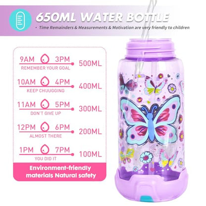 Kids Water Bottle with Straw/Lanyard for School Kids Girls Boys, 22oz BPA Free Child Drinking Water Bottle One-Click-Open Leak-Proof Locking Flip Lid for School Sport Travel - color: H02. Butterfly