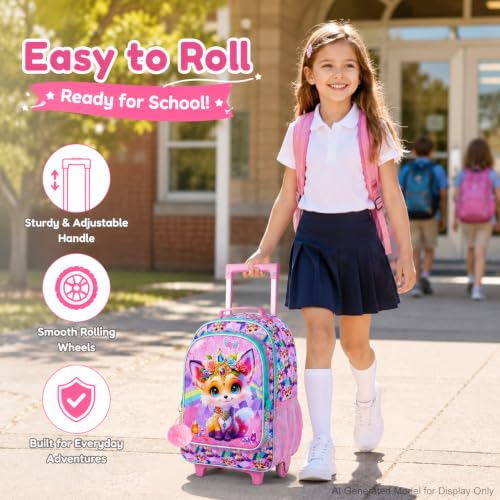 3Pcs Rolling Backpack for Girls, Fox Roller Bookbag with Lunch Box, Kids School Backpacks with Wheels for Elementary Preschool(Yellow) - color: Fox Yellow