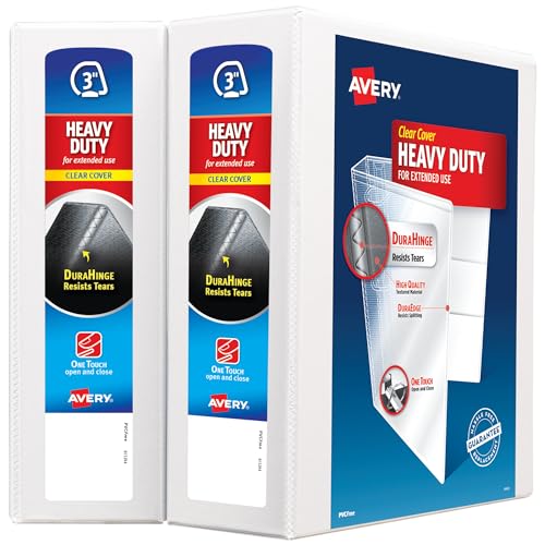 Avery Heavy-Duty View 3 Ring Binder, 3" One Touch Slant Rings, Holds 8.5" x 11" Paper, 2 White Binders (79791) - size: 3"