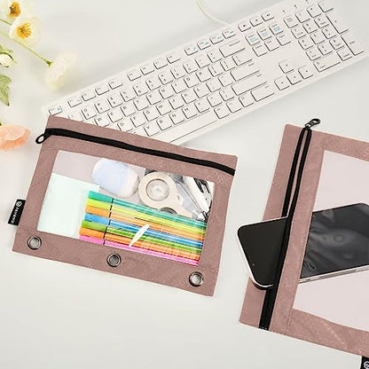 MCHIVER Rose Gold Pencil Pouch for 3 Ring Binder Pencil Pouches with Zippers Clear Window Binder Pockets Pencil Bags for Work Daily Office 2 Packs - color: Rose Gold