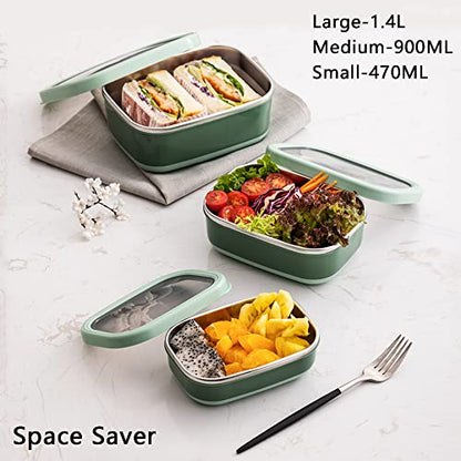 Lille Home Leak Proof Steel Food Containers - Snack Stainless Steel Containers - Ideal for Educational Settings & Daycare - Nesting Trio with Silicone Lids - 47oz+30oz+16oz - Dark Green - color: Dark Green