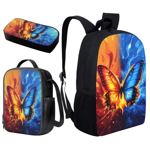 Cool Butterfly Kids Backpack Set Girls 3 PCS Kids Backpack with Lunch Box Pencil Case Large Capacity Bookbag Casual Daypack for Elementary School Students - color: Cool Butterfly