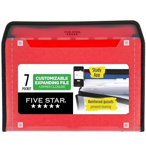 Five Star Expanding File Organizer + Study App, 7-Pocket Accordian File Organizer, Zipper Closure, Holds 8-1/2" x 11" Paper, Fire Red (350099D-ECM) - color: Fire Red, size: Pack of 1