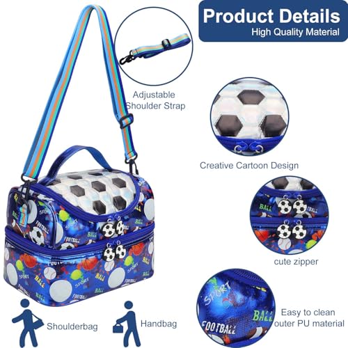 RHCPFOVR Kids Lunch Bag - Double Decker Cooler Insulated Lunch Box for Boys Girls Washable Lunch Bag and Reusable Toddler Lunchbox for School and Daycare - color: Blue Football