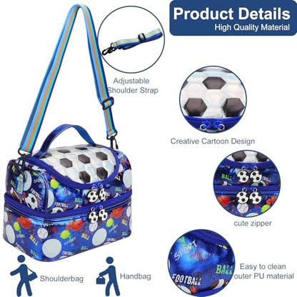RHCPFOVR Kids Lunch Bag - Double Decker Cooler Insulated Lunch Box for Boys Girls Washable Lunch Bag and Reusable Toddler Lunchbox for School and Daycare - color: Blue Football