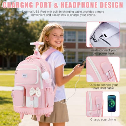 Bevalsa Rolling Backpack for Girls, Roller Backpack with Wheels, Cute Bow Wheeled School Bookbag Set with Lunch Bag & Pen Case, Suitcases for Kids Teens Elementary Middle Student (Pink Beige) - color: Pink Beige