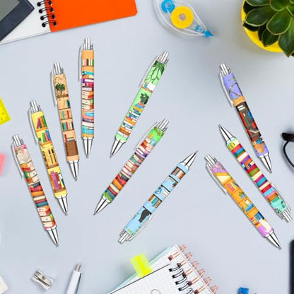 Idealmuzik Bookshelf Theme Ballpoint Pens, 10 Pack – Colorful Book & Library Design Pens with Reading and Study Icons, Smooth Writing Pens for Students, Teachers, Readers & Office Use - style: Bookshelf