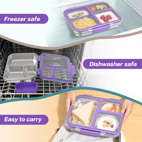 Stainless Steel Bento Box for Kids, 3-Compartment Metal Lunch Box with Clear Lid & Removable Silicone, Lunch Box Kids with Silicone Inner Container for Meal Prep, School, Office (Purple) - color: Purple