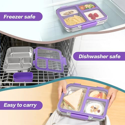 Stainless Steel Bento Box for Kids, 3-Compartment Metal Lunch Box with Clear Lid & Removable Silicone, Lunch Box Kids with Silicone Inner Container for Meal Prep, School, Office (Purple) - color: Purple