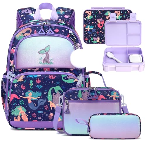 Kids Backpack for Girls - 4PCS Girls Backpack Bento Box with Lunch Bag - color: Purple Mermaid