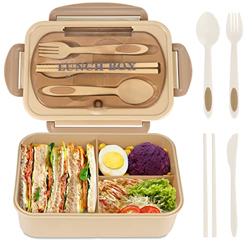 Bento Box for Adult, 1200 ML Lunch Containers, LeakProof Lunch Box with Utensils, BPA Free, 3 Compartment Bento Box Microwave Safe, Khaki - color: Khaki