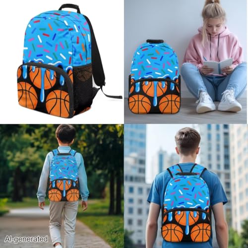 Blue Ice Cream Basketball 3 in 1 School Backpack Set with Lunch Box Pencil Case for Boys Girls 17 Inch 3PCS Bookbag Schoolbag for Middle High Students - color: Blue Ice Cream Basketball