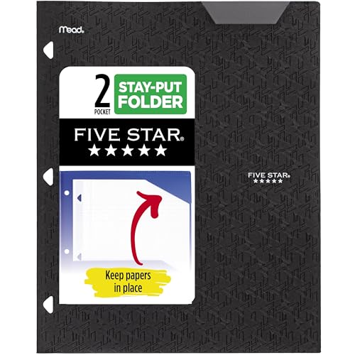 Five Star 2-Pocket Folder, Plastic Folder with Stay-Put Tabs, Fits 3-Ring Binder, Holds 8-1/2" x 11" Paper, Black (333420G-ECM) - color: Black