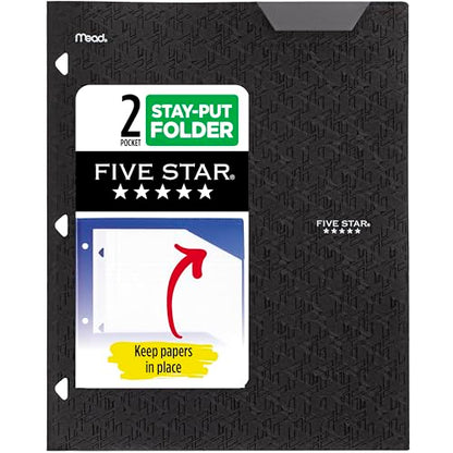 Five Star 2-Pocket Folder, Plastic Folder with Stay-Put Tabs, Fits 3-Ring Binder, Holds 8-1/2" x 11" Paper, Black (333420G-ECM) - color: Black