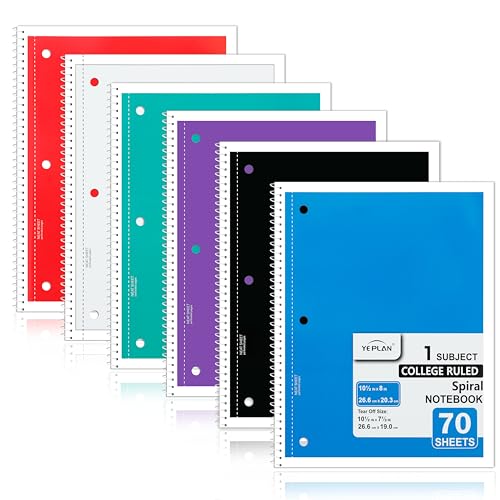 Yeplan Spiral Notebooks 6 Pack, College Ruled Notebook Paper, 1 Subject Notebook for School & Work, 8" x 10-1/2", 70 Sheets per Notebook, 6 Assorted Colors - color: 6 Colors