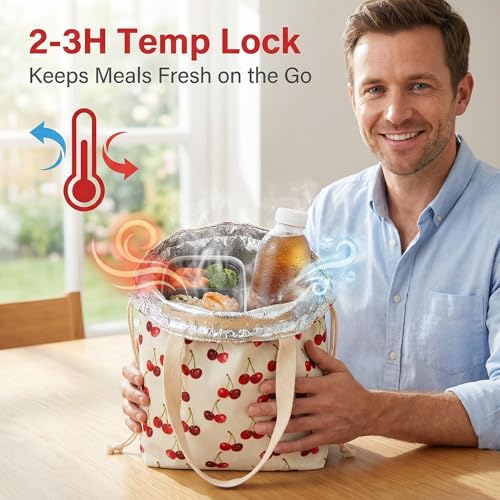 Solid Color & Fruit Print Lunch Bag, Insulated Leakproof Drawstring Pouch with 5mm Anti-Sag Base for Adult Work Commute Picnic (Cherry Fruit Print) - color: Cherry Fruit Print